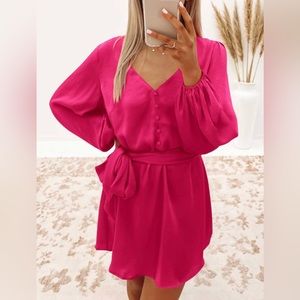 PRETTYGARDEN Women's Long Puff Sleeve Satin V Neck Cocktail Dress